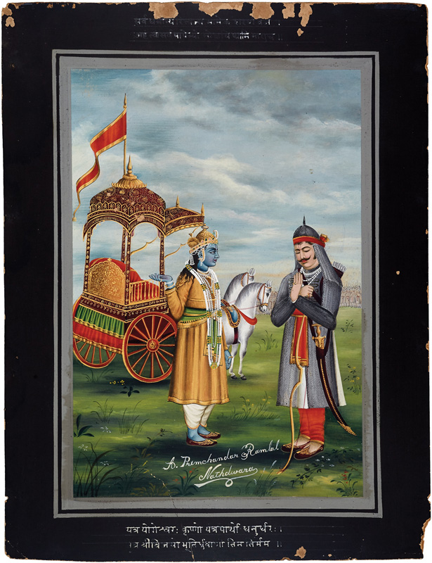 Lord Krishna preaching Arjuna in the battlefield