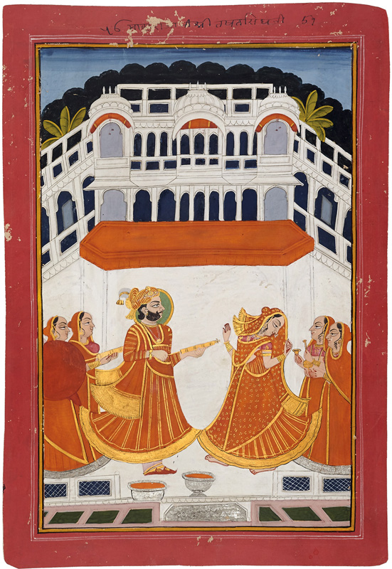 Maharaja Takhat Singh of Jodhpur playing Holi with a bhagtan
