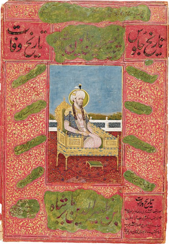 Nasir-ud-din Humayun kneeling on a golden throne