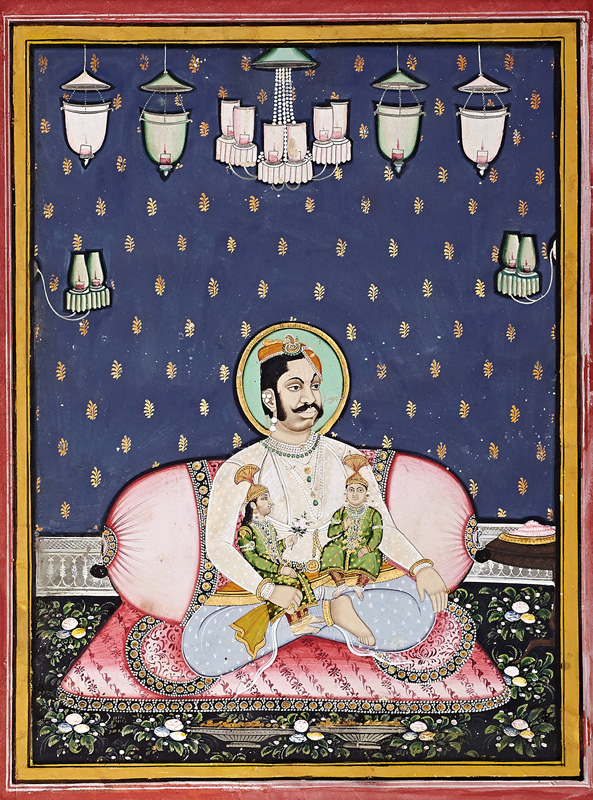 Govardhanlalji sitting along with his children against large bolster