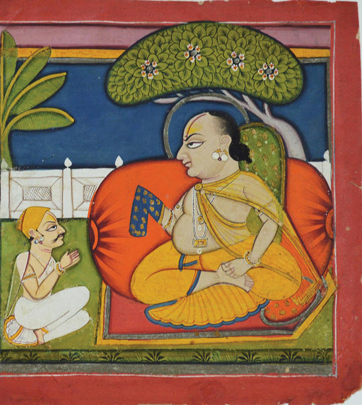 Goswami seated under a tree and chanting on beads